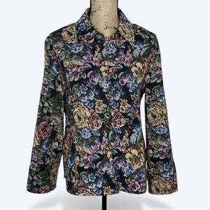 Lemon‎ Grass Floral Tapestry Blazer Jacket Womens L Vintage 90s Cottage Grandma